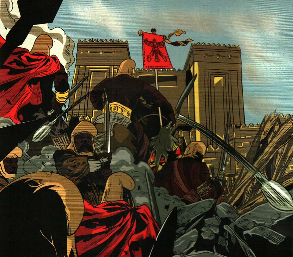 مادها با دژ کوب‌های خود به سمت در قلعه‌ای آشوری حمله می‌کنند و قلعه‌های آشور را یکی پس از دیگری فتح کردند. تصویرسازی: فراز بزاززادگان